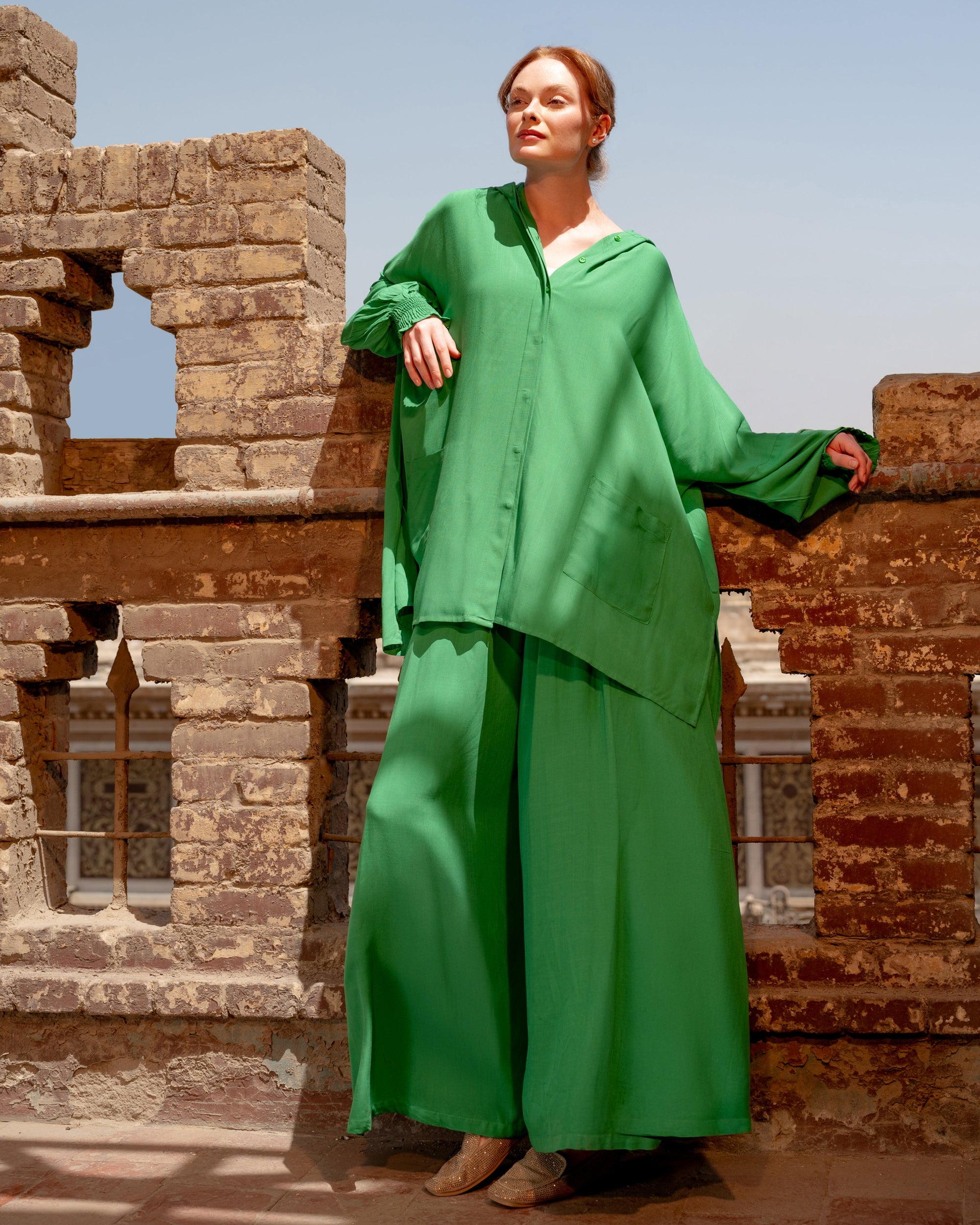 WITH HOODIE LINEN SHIRT-GREEN