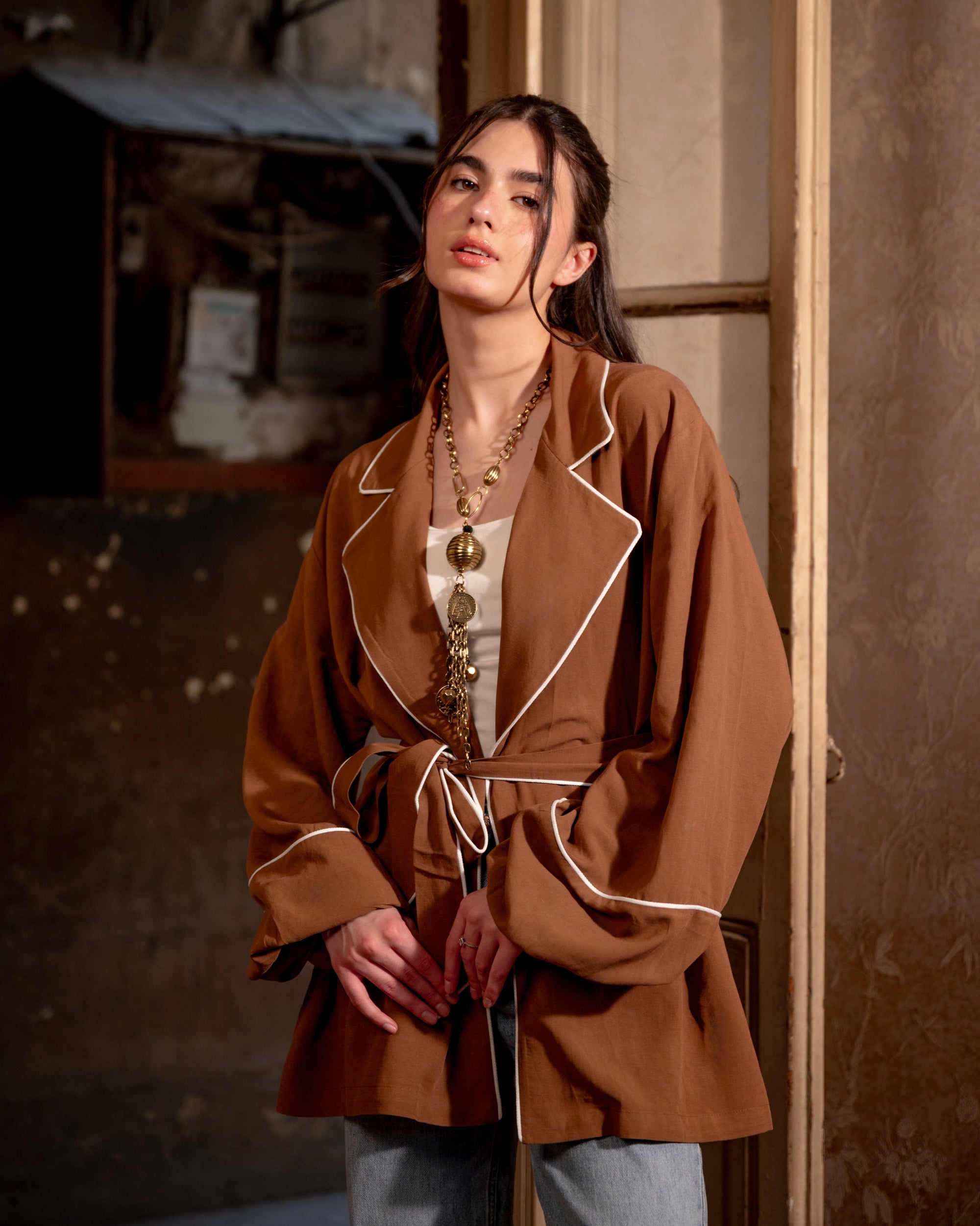 STRIPPED LINEN JACKET -CAFE