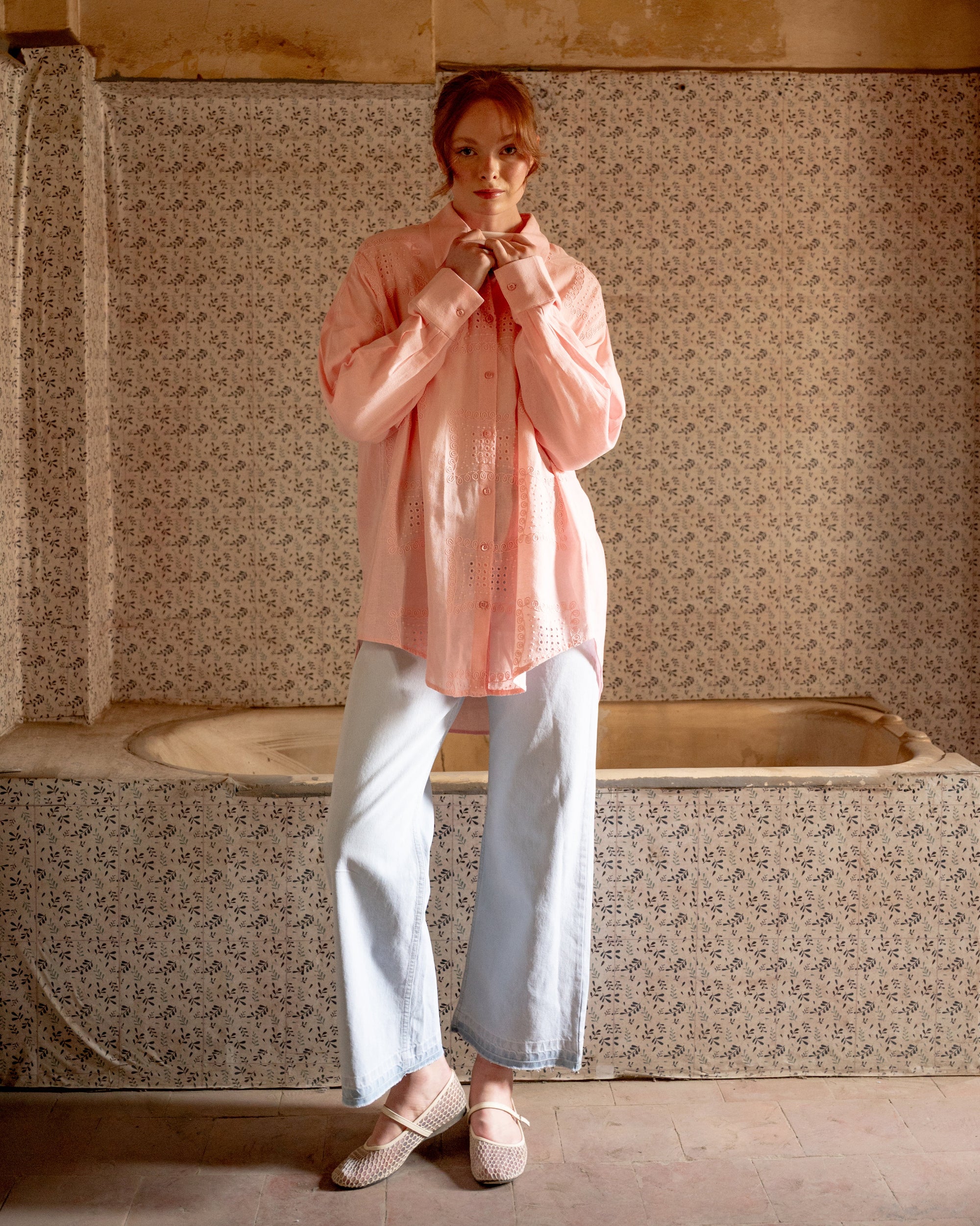 Embroidered Linen shirt-PINK
