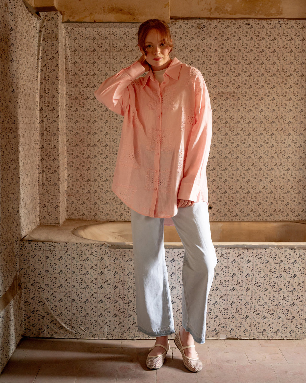 Embroidered Linen shirt-PINK
