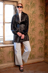 WITH BELT SATIN CARDIGAN -BLACK
