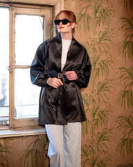WITH BELT SATIN CARDIGAN -BLACK