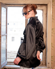 WITH BELT SATIN CARDIGAN -BLACK