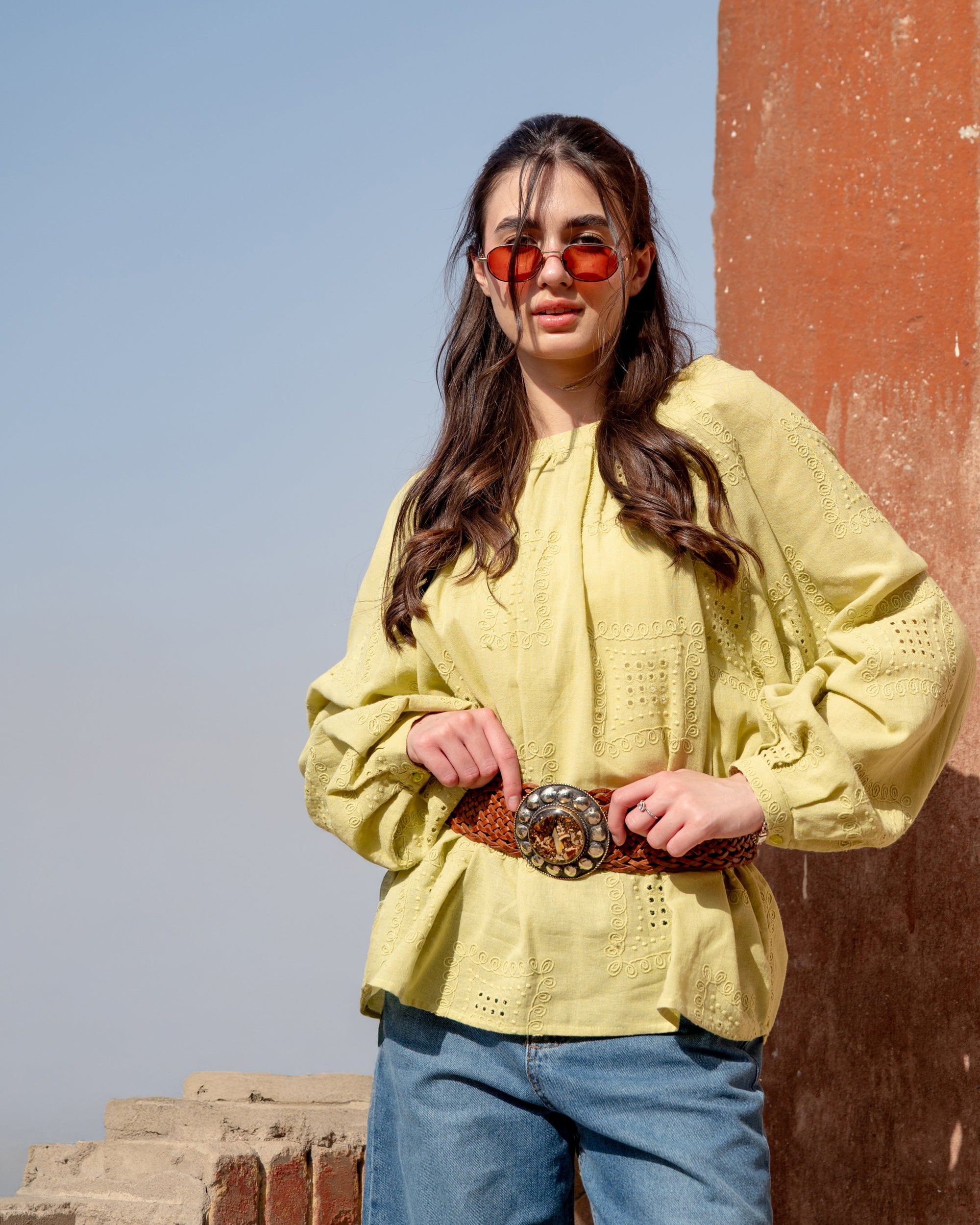 EMBROIDERED OVERSIZED BLOUSE -LEMON
