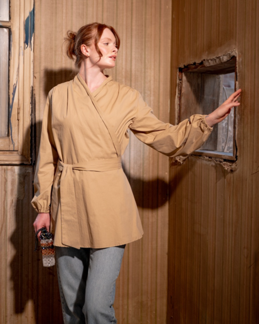 WRAPPED COTTON BLOUSE -BEIGE