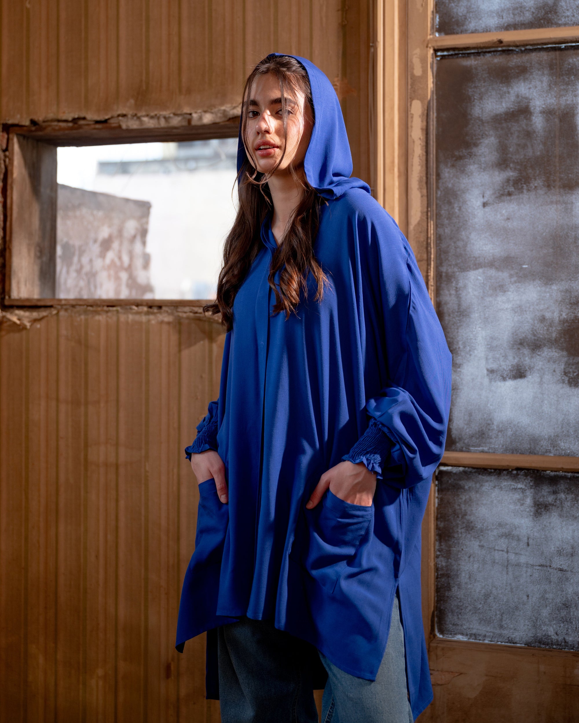 WITH HOODIE LINEN SHIRT-BLUE