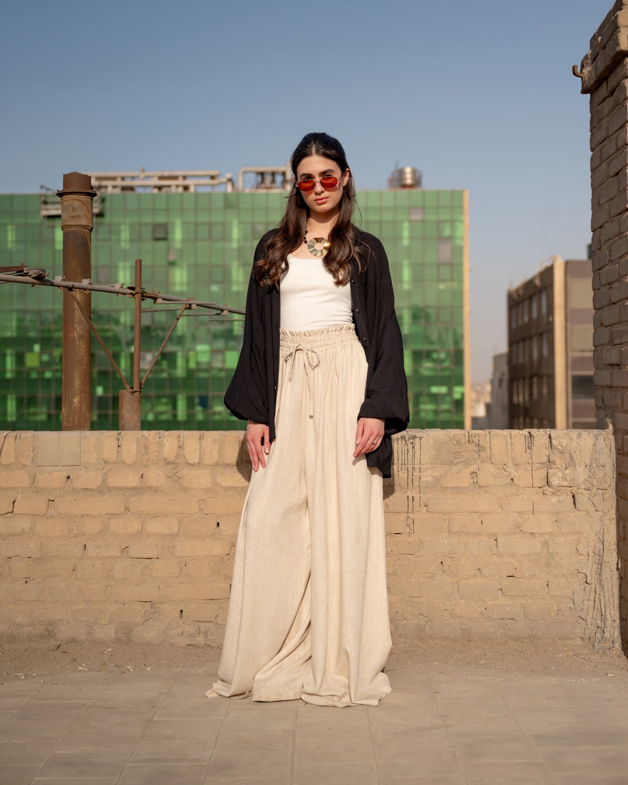 HIGH WAIST WIDE LEG PANTS-BEIGE