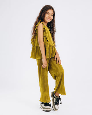 SATIN PLISSE WIDE LEG PANT-LEMON