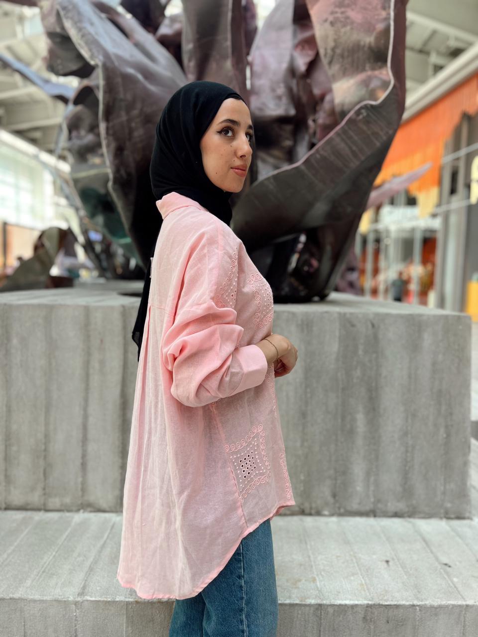 Embroidered Linen shirt-PINK