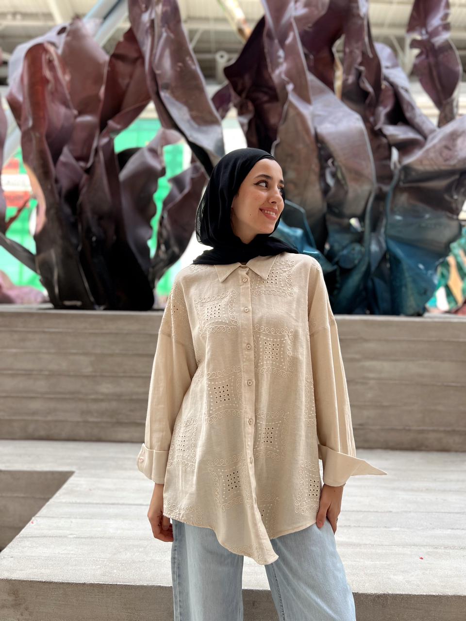 Embroidered Linen shirt-BEIGE