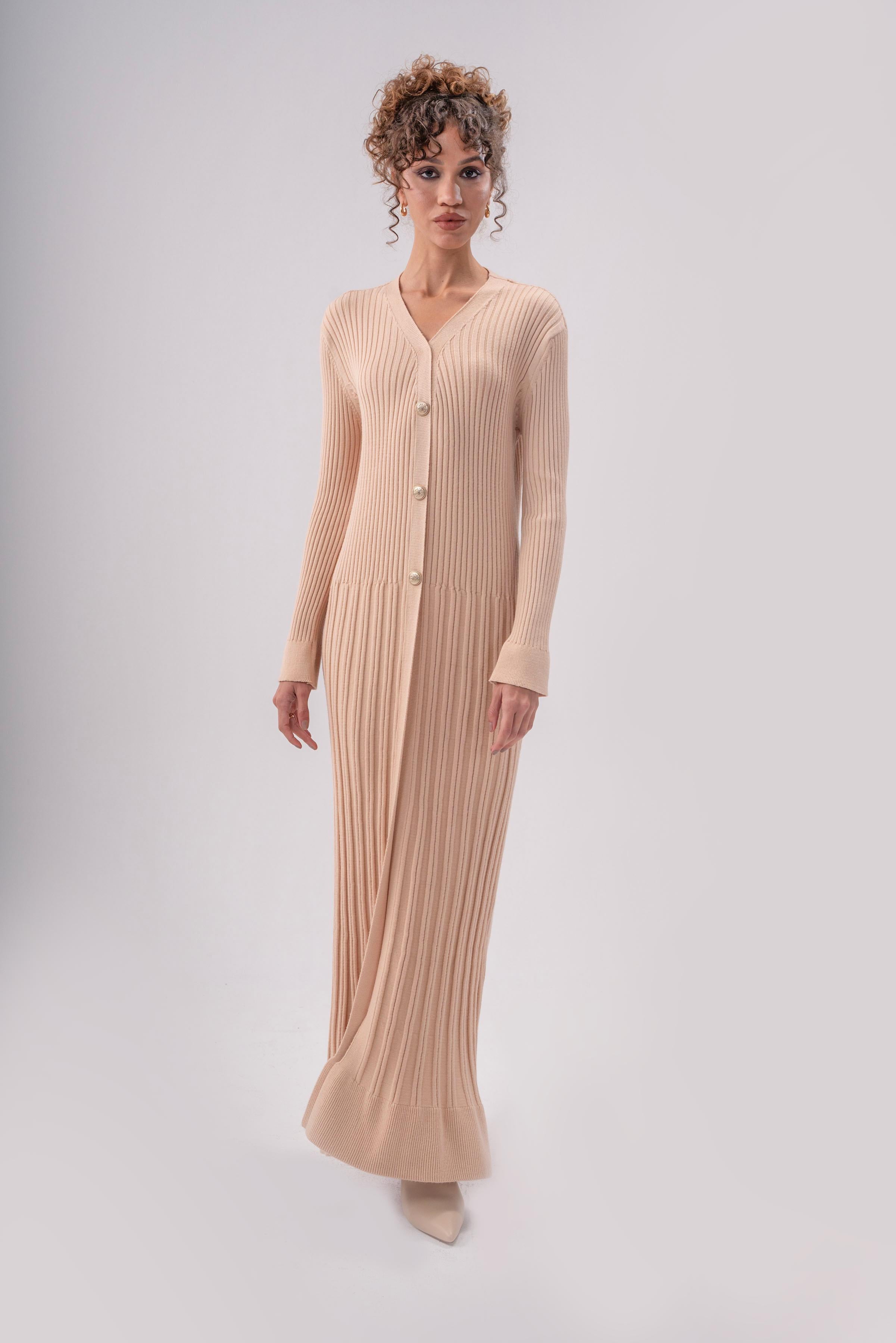 RIBBED KNIT DRESS-BEIGE