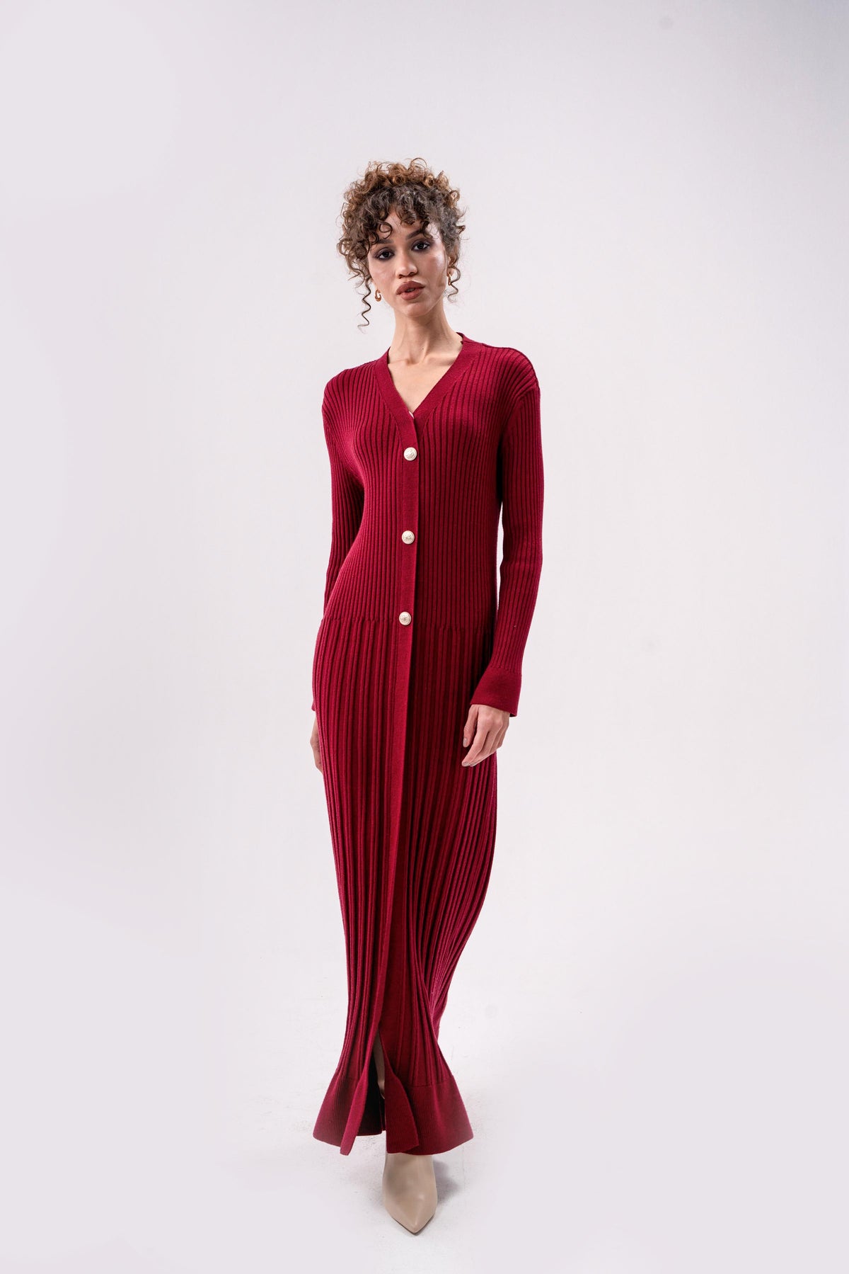 RIBBED KNIT DRESS-Maroon