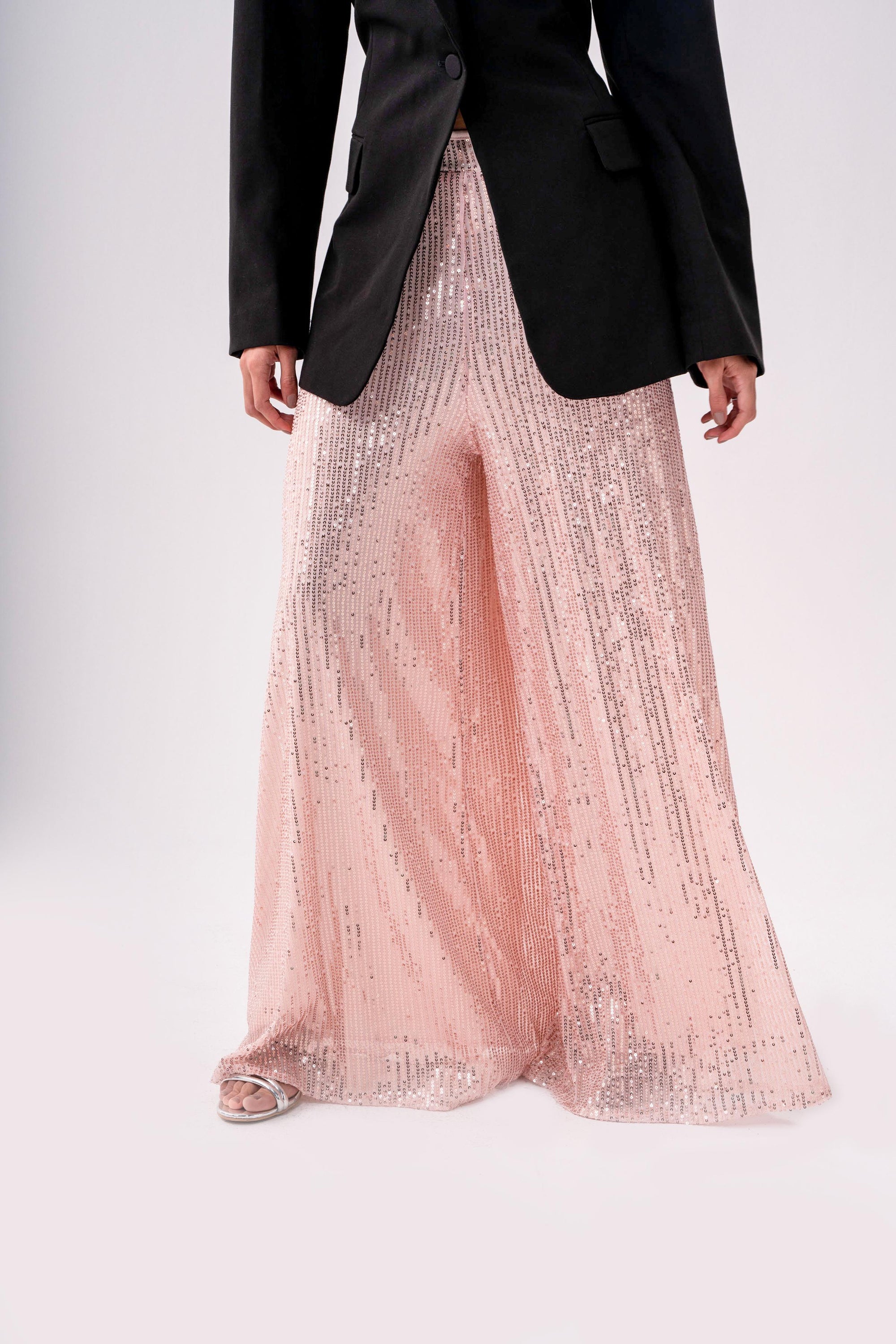 GLITTER WIDE LEG PANTS-NUDE