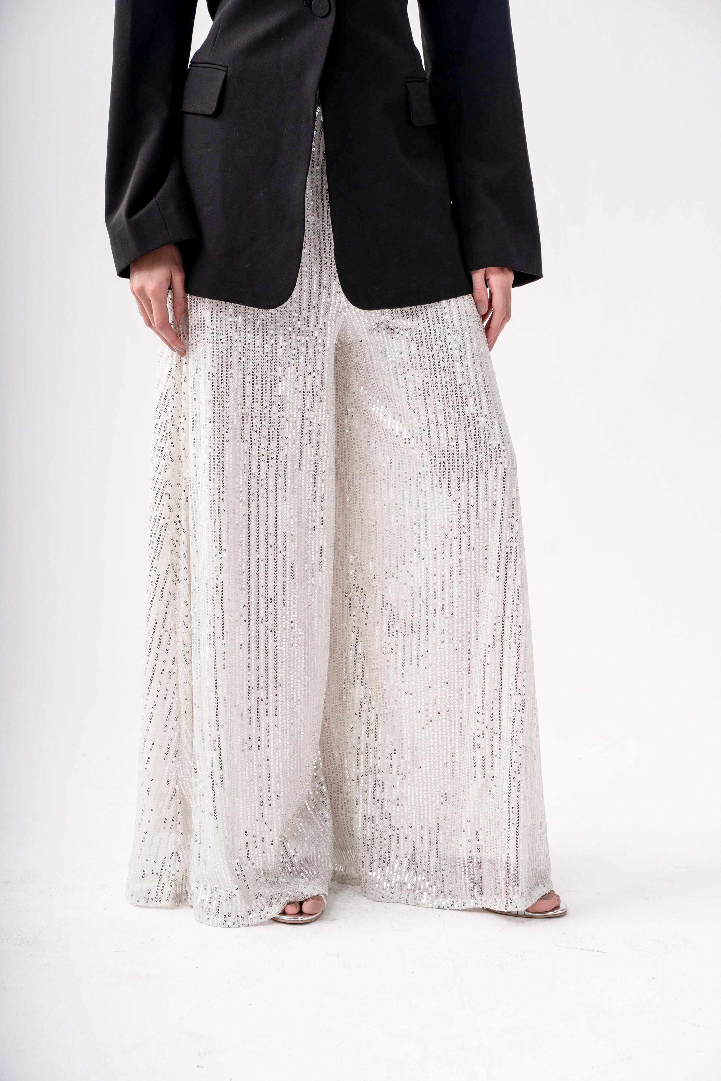 GLITTER WIDE LEG PANT- LIGHT BEIGE