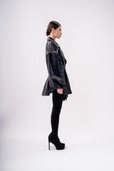 PEARL LONG LEATHER JACKET -BLACK