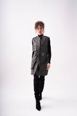 LONG CARGO LEATHER VEST -DARK BROWN