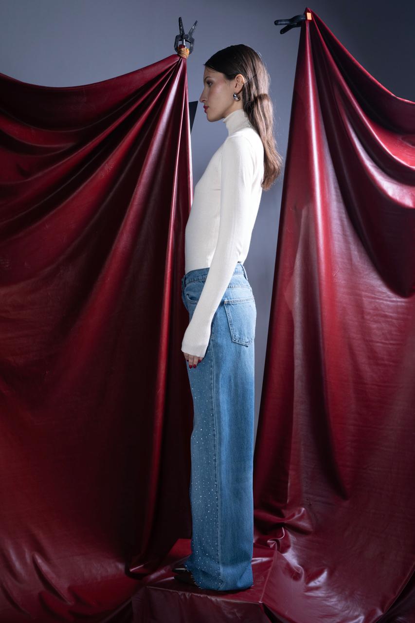 STRASS HIGH WAIST STRAIGHT PANT-LIGHT BLUE