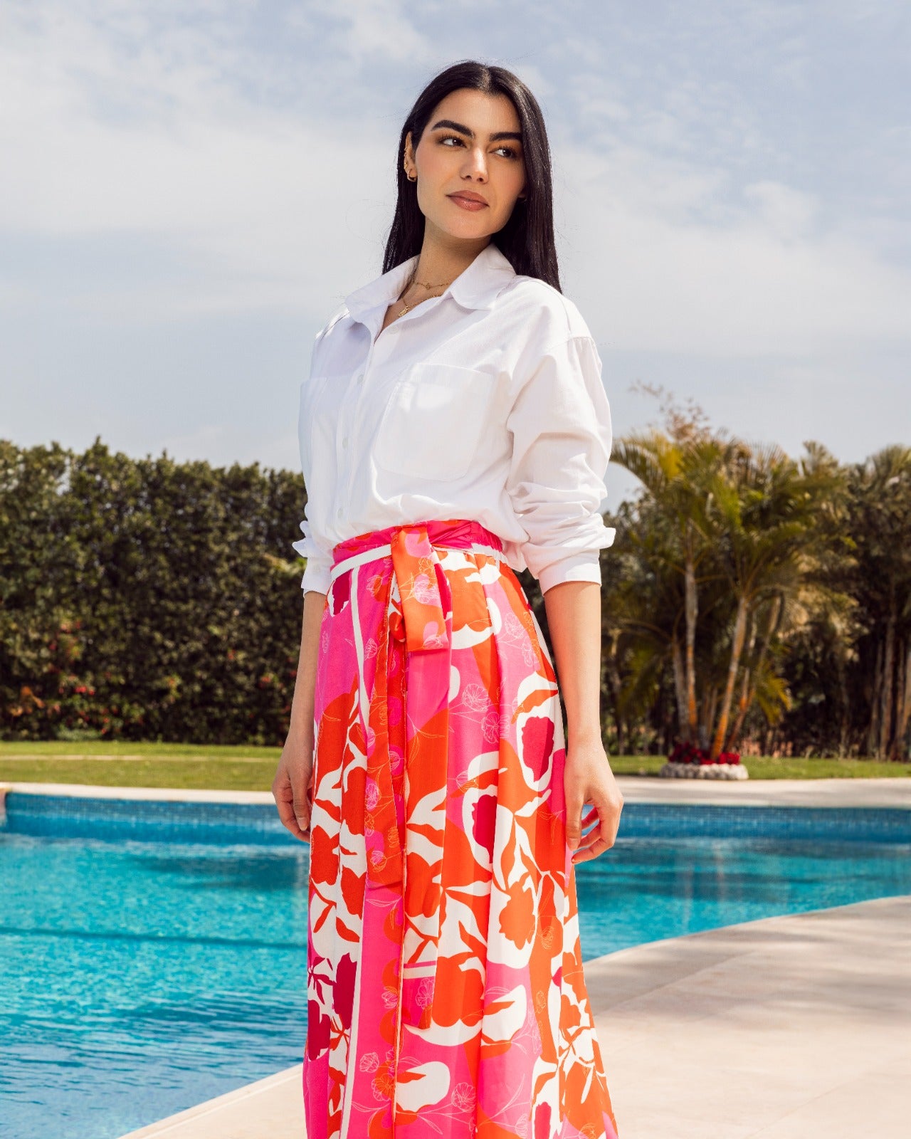 PRINTED WRAPPED SATIN SKIRT-FOSHIA