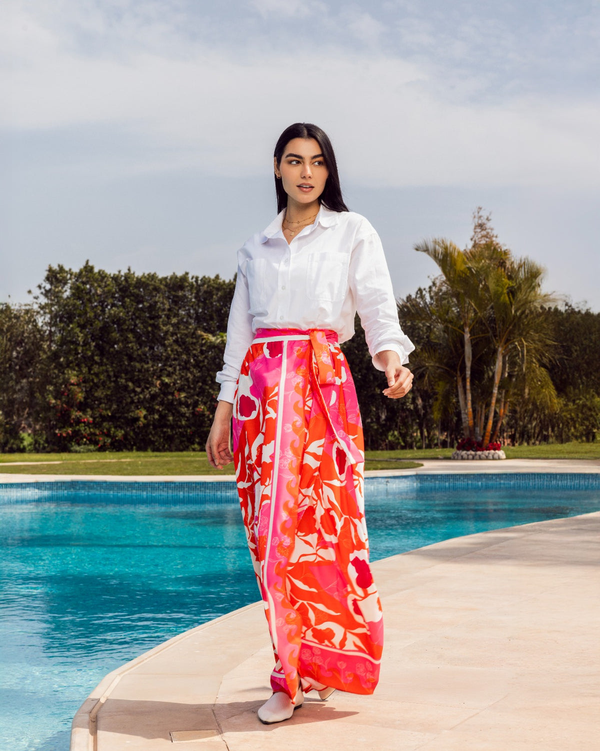 تنورة ساتان ملفوفة مطبوعة - فوشيا