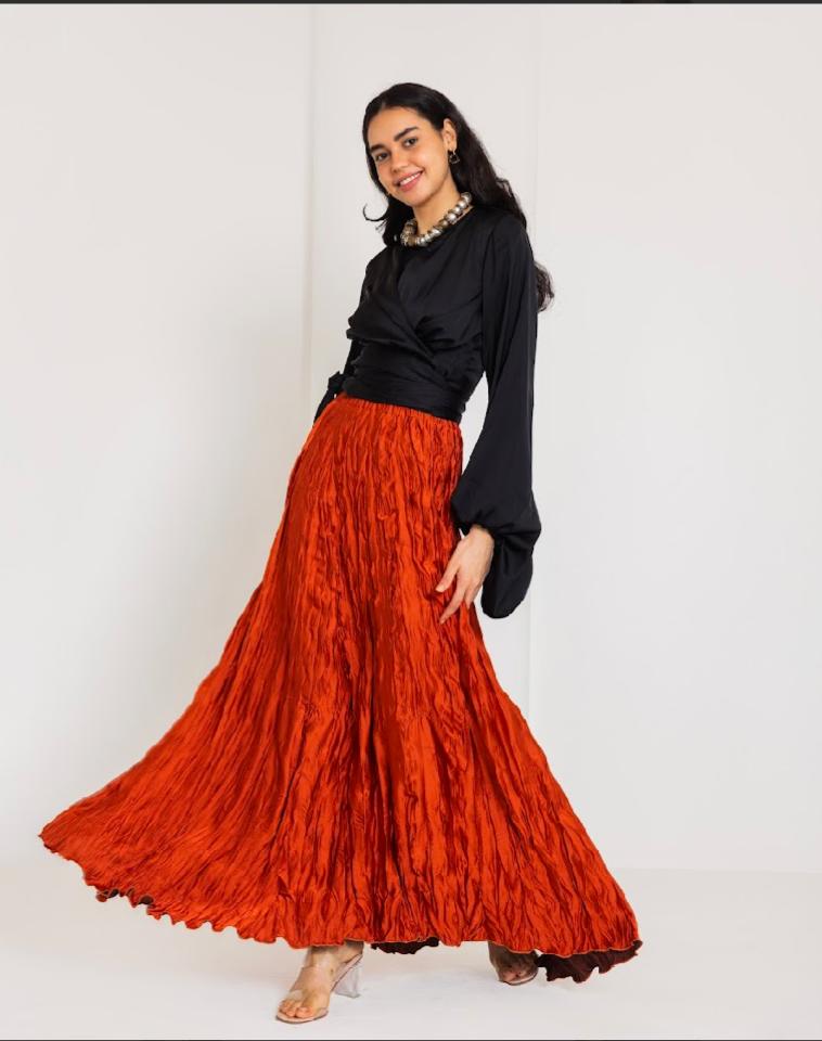 CRINKLE SATIN SKIRT-ORANGE