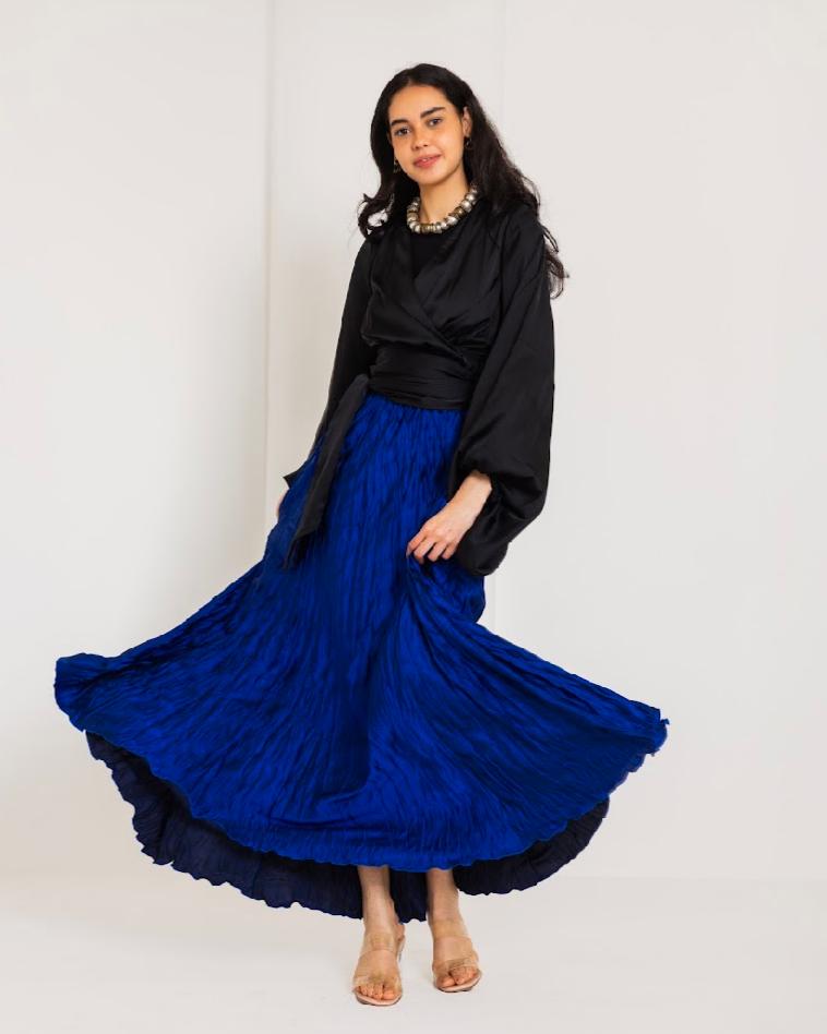 CRINKLE SATIN SKIRT-BLUE