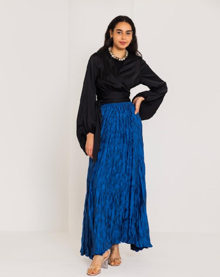 CRINKLE SATIN SKIRT-PETROLEUM