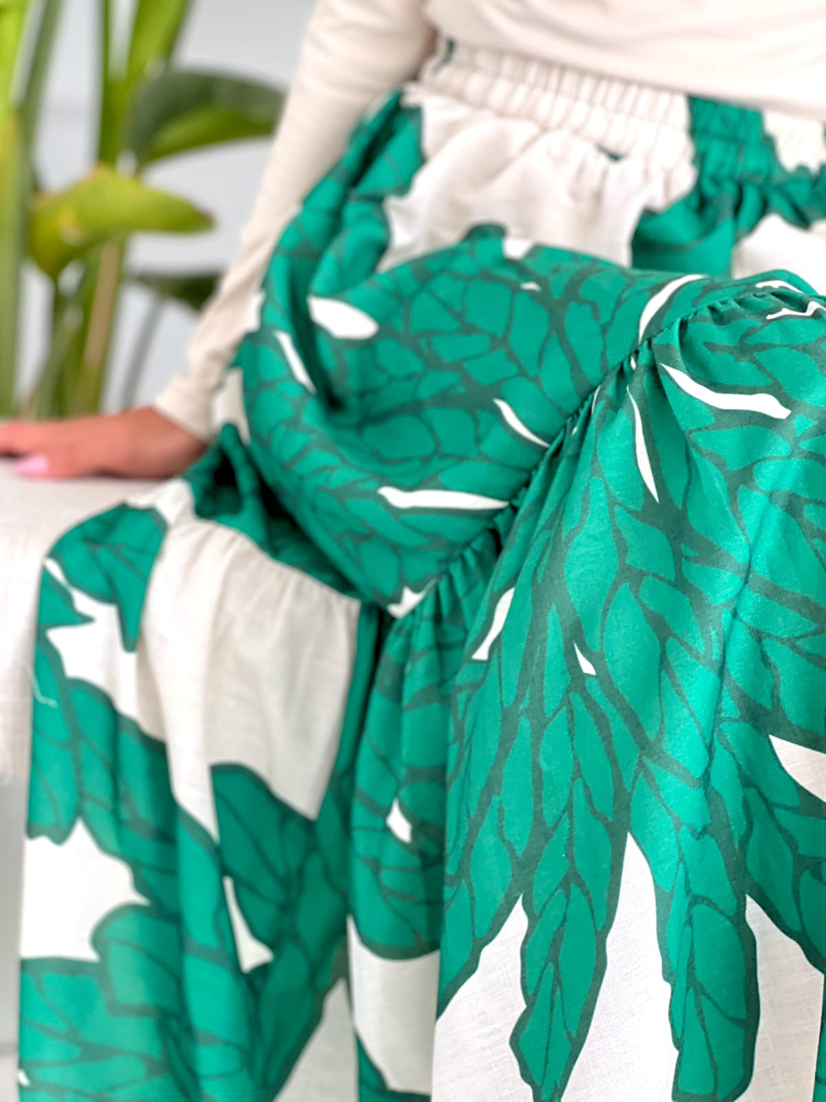 PRINTED LINEN SKIRT-GREEN