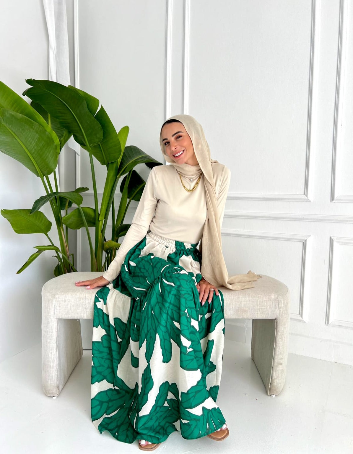 PRINTED LINEN SKIRT-GREEN