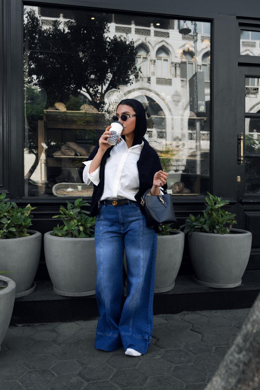 DENIM EFFECT WIDE LEG TROUSERS -BLUE