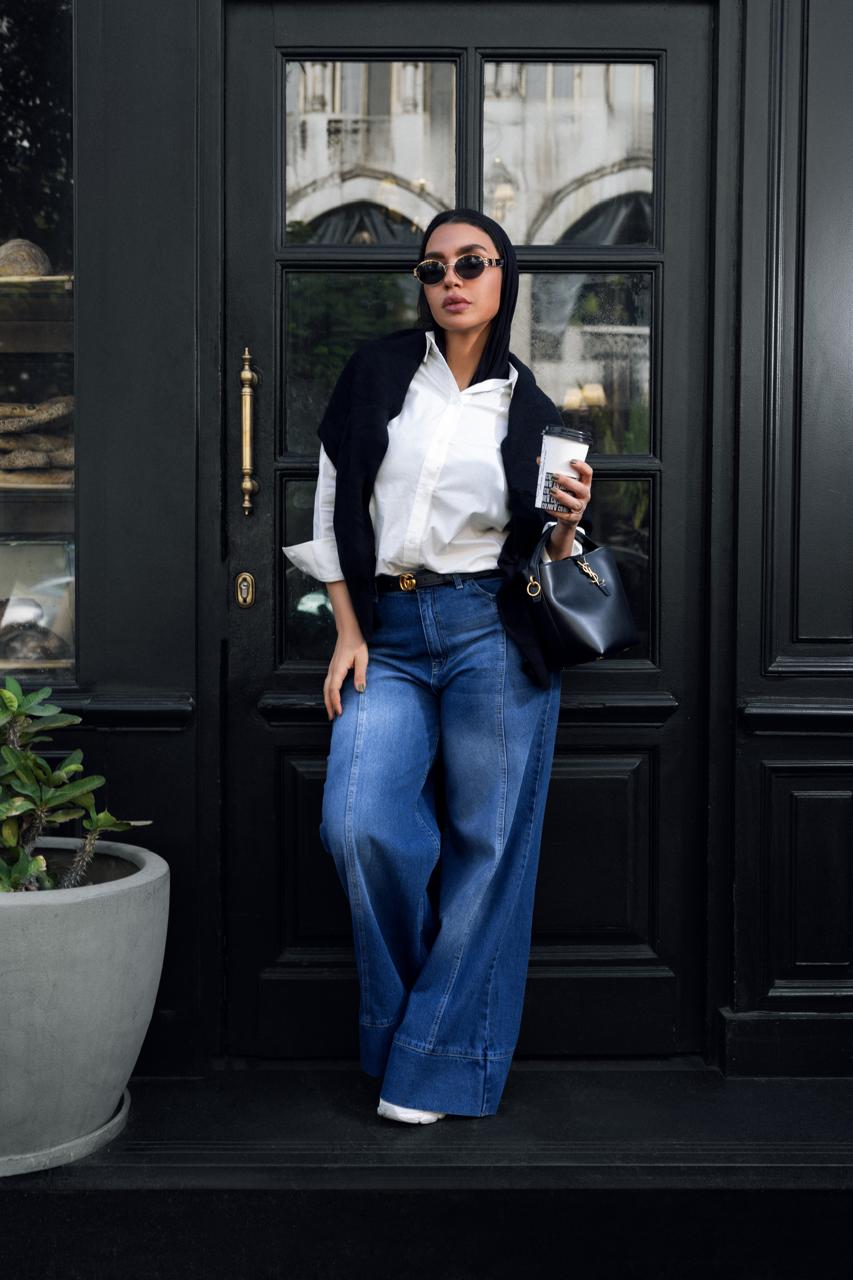 DENIM EFFECT WIDE LEG TROUSERS -BLUE