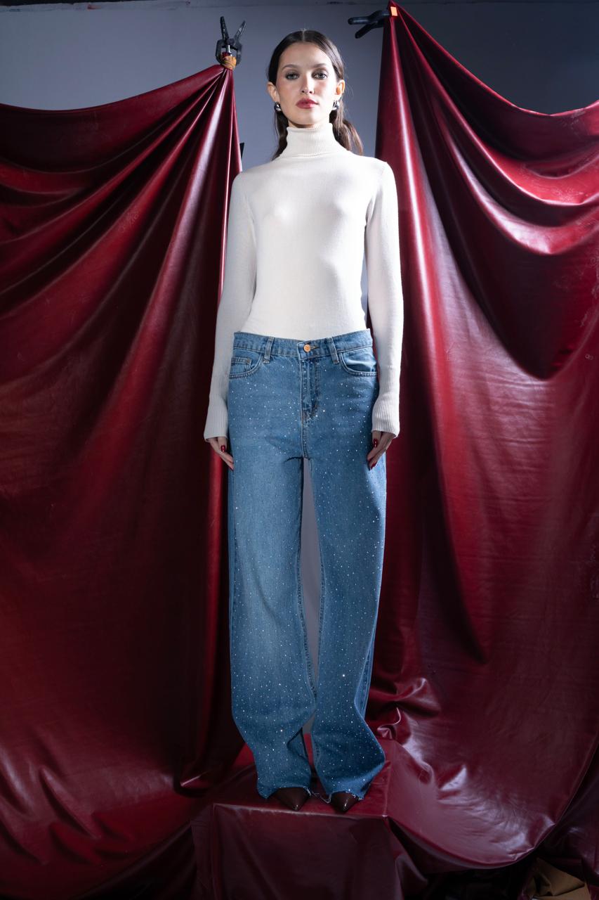 STRASS HIGH WAIST STRAIGHT PANT-LIGHT BLUE
