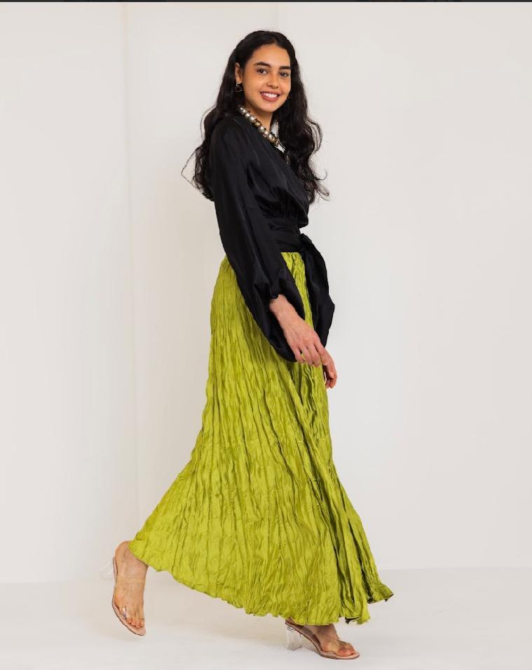 CRINKLE SATIN SKIRT-LEMON