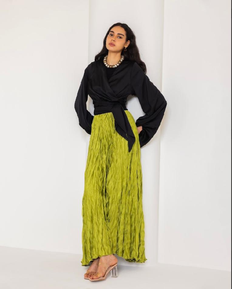 CRINKLE SATIN SKIRT-LEMON