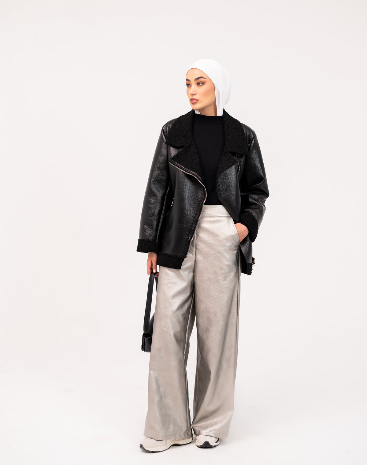 LEATHER WIDE LEG PANT-SILVER