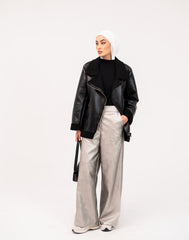 LEATHER WIDE LEG PANT-SILVER