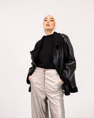 LEATHER WIDE LEG PANT-SILVER