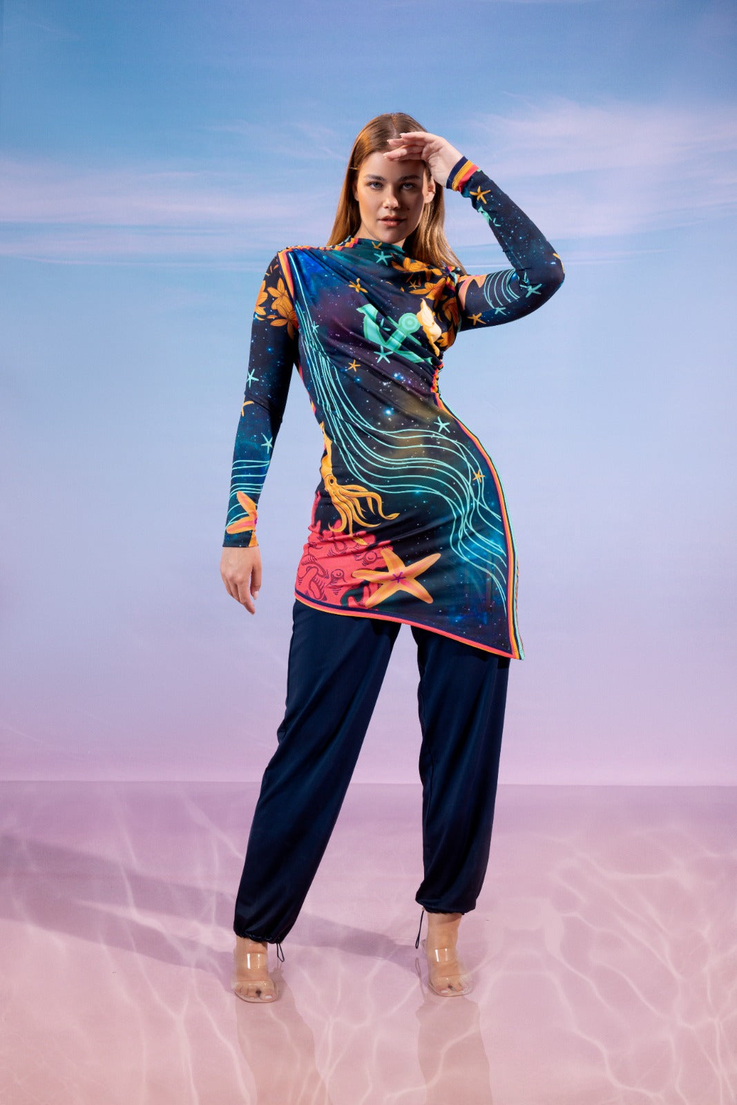 GALAXY STAR SWIMSUIT TOP-BLUE BLACK ( ( MODEST LOOK )