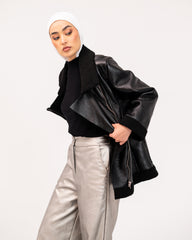 LEATHER WIDE LEG PANT-SILVER